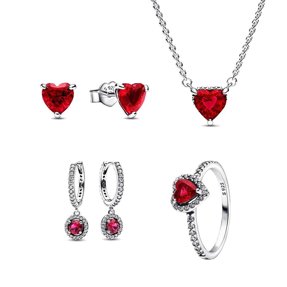 romantic 925 Sterling Silver Ruby Love Ring Necklace Earrings Set Boutique Classic Wedding Party Couple Date Gift