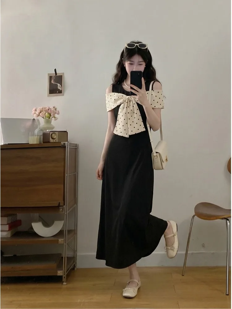 

plus Size Polka Dot Knot Long Dress Black Slimming High Waist Short Sleeve Shoulder Bared Summer Korean Style Cityw...
