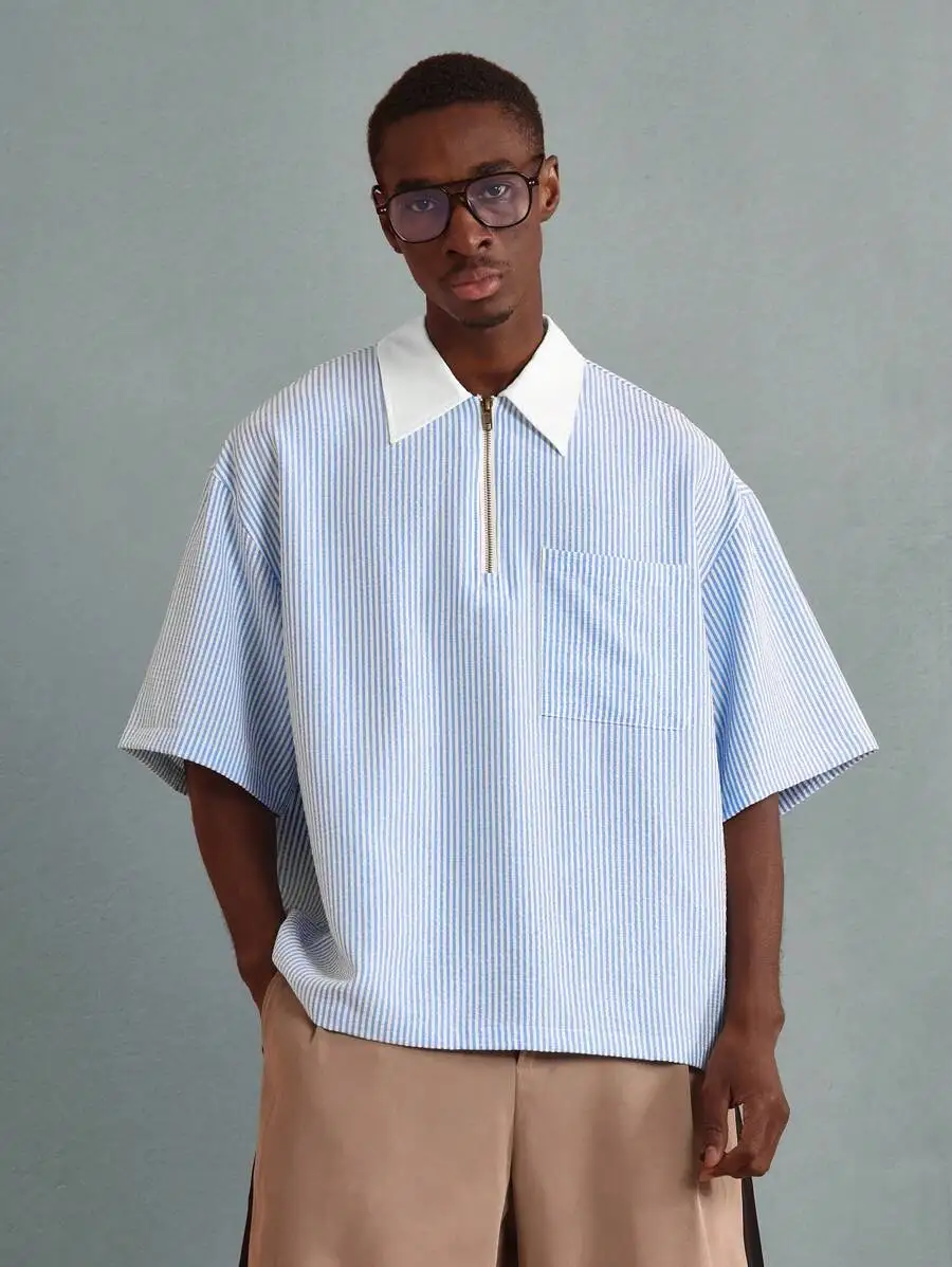 

Oversized Zipper Collar Shirt with Vertical Stripes, Seersucker Texture, Short Sleeve