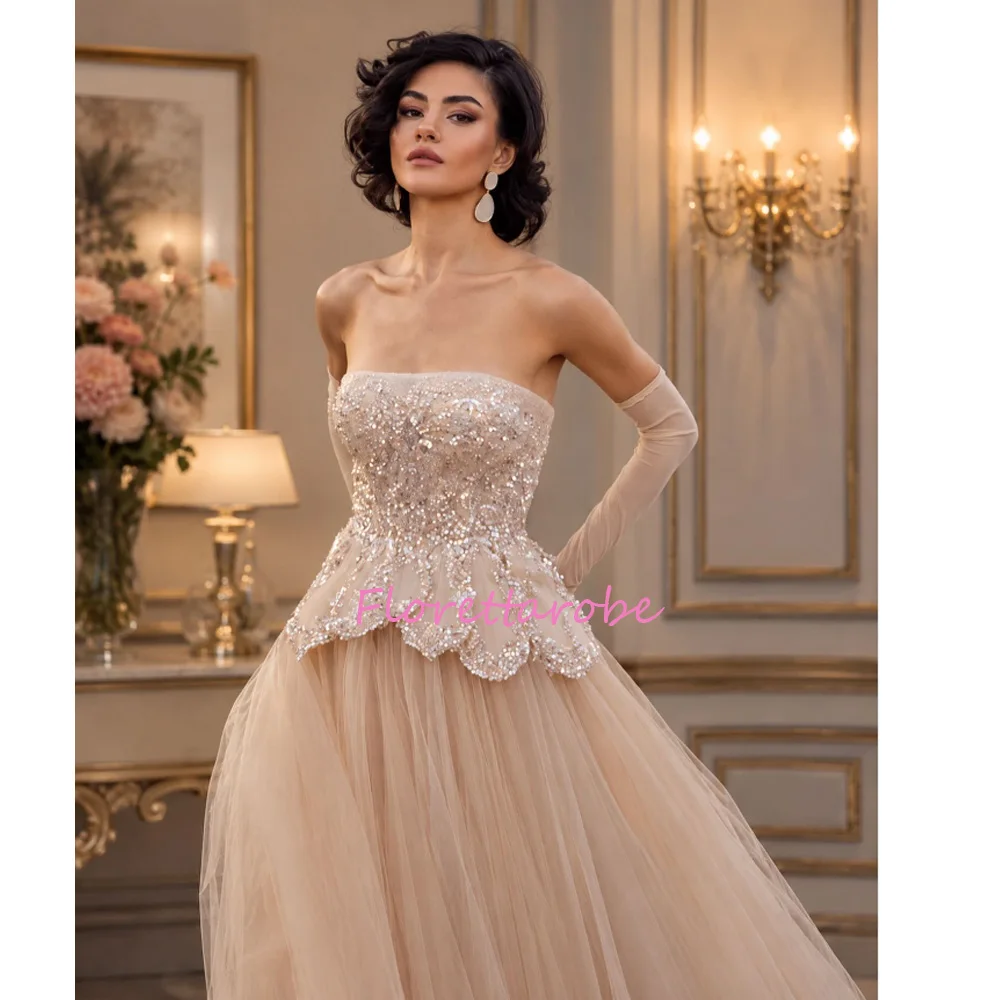Customized Romantic Evening Dress Strapless Sleeveless Beading Pearls Tulle A Line Sweep Train Prom Gown