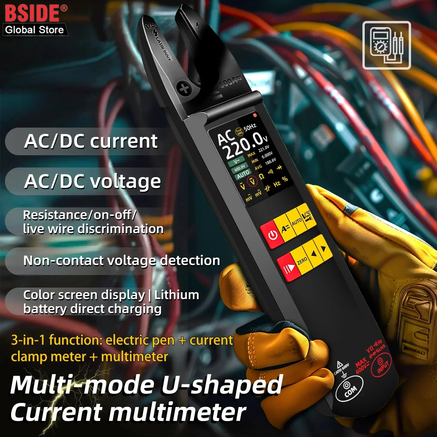 BSIDE U5 U-Shaped Clamp Meter 600A DC AC Current Tester True RMS Auto-Ranging TFT Screen USB Rechargeable 1200mAh NCV Multimeter