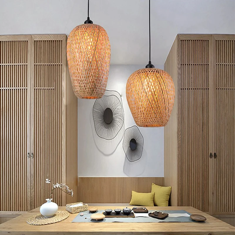 Natural Rattan Wicker Ceiling Chandeliers Chinese Bamboo Lampshade Pendant Lamps Hand Woven E27 Lighting Fixtures Hanging Lights