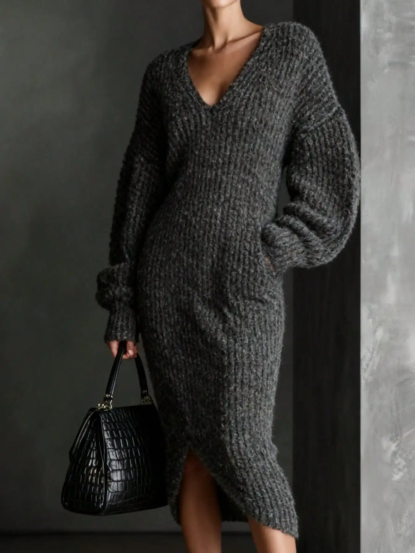 

Oversized V-Neck Knit Sweater Dress with Side Slit, Charcoal Gray, Loose Fit