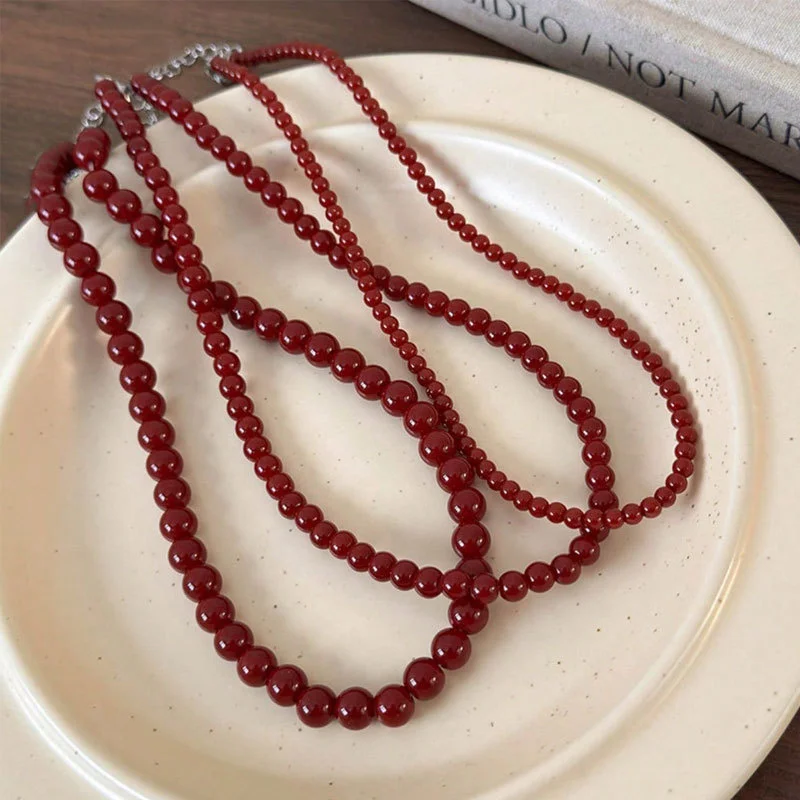 

6-12mm Round Glass Red Beads Strand Beaded Necklace Choker for Women Wholesale Silver Plated Chain Chokers Jewelry New Year Gift