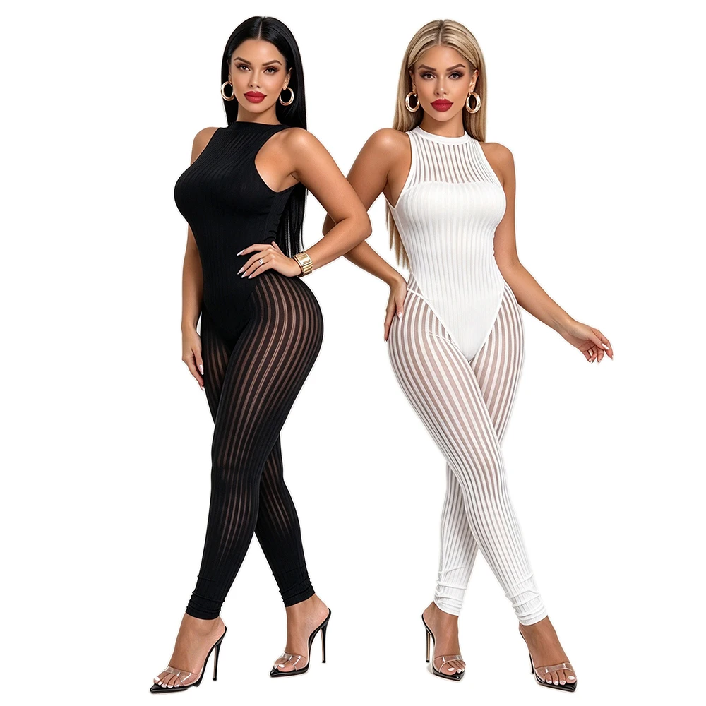 Women Slim-Fit Jumpsuit Sleeveless Vertical-Striped Tulle Jumpsuit Sexy Sheer High-End Sexy European and American Party Bodysuit