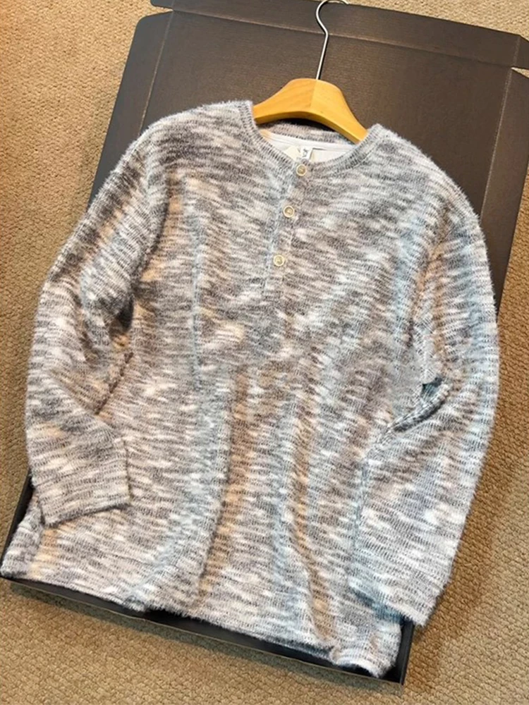 

Мужской вязаный свитер Long Sve, мягкий, уютный, с воротником Генри, повседневный, винтажный, американский, осенне-зимний, модный