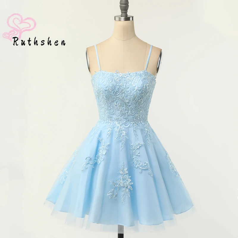 

Spaghetti Straps Short Homecoming Party Dresses for Formal Occasion Teen Sky Blue Lace Appliques Mini Graduation Gowns Vestidos