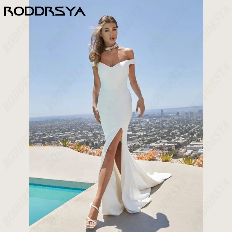 RODDRSYA-vestido de novia de satén suave con abertura alta, traje de sirena con cuello en V y hombros descubiertos, para fiesta nupcial, 2024 vestido de novia de satén suave con abertura alta, traje de sirena con cuell