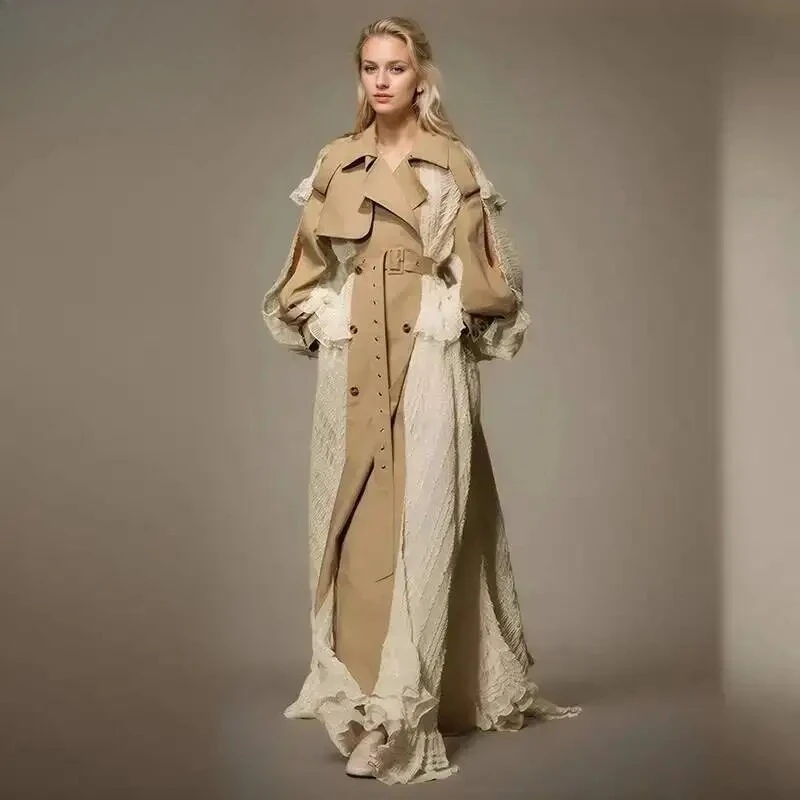 Women's Lapel Loose Double Breasted Sashes X-long Windbreaker Spring 2026 New Fashion Lace Patchwork Trench Coat