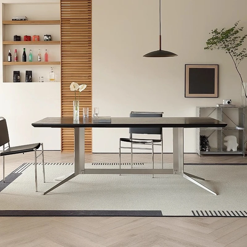 

| Medieval solid wood dining table Household stainless steel large plate desk designer rectangular ash wood table
