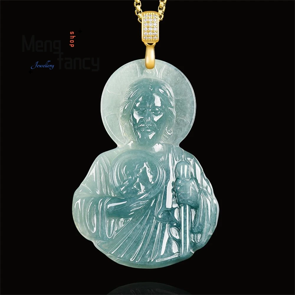 

Natural A-grade Jadeite Blue Water St. Jude, the Disciple Jade Pendant S925 Silver Clasp High-grade Mascots Fashion Fine Jewelry