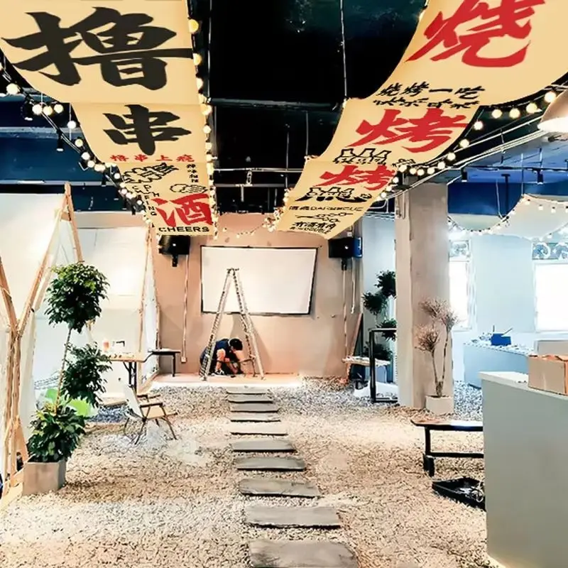 VIKAMA Restaurant Hanging Ceiling Banner Red Calligraphy BBQ Hotpot Beer Food Flag Izakaya Sake Bar Wall Decor Shop Kitchen