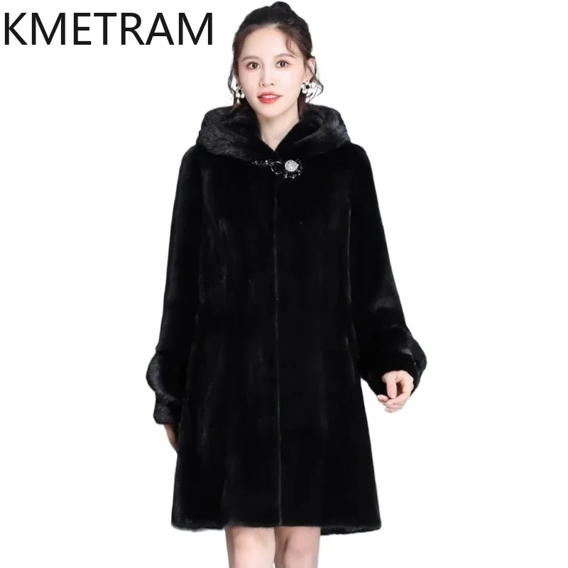 KMETRAM 100% Whole Mink Coat Woman Real Fur Jacket Mid Length Hooded Women Winter Coats Flared Hem Plus Size Mink Fur Outerwear