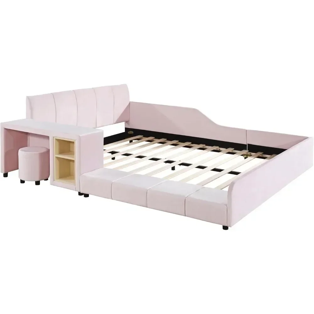 Gestoffeerd platformbed met geaard bed, houten queensize moeder- en kinderbedframe met nachtkastje en kleine ronde kruk