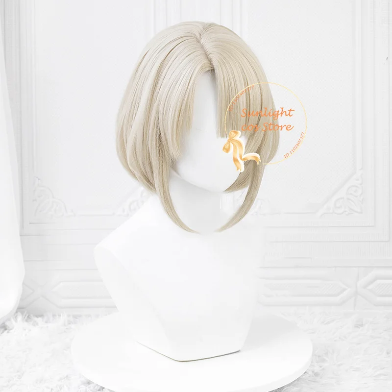 Fontaine Freminet peruka do cosplay kobiety 30cm krótkie beżowe złote peruki Anime żaroodporne włosy syntetyczne + czapka z peruką