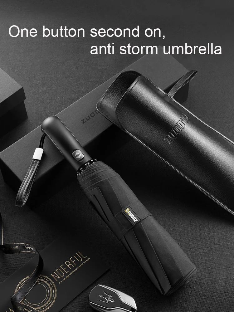 

Full automatic anti storm umbrella for men, thickened and reinforced, business folding, rain and shine