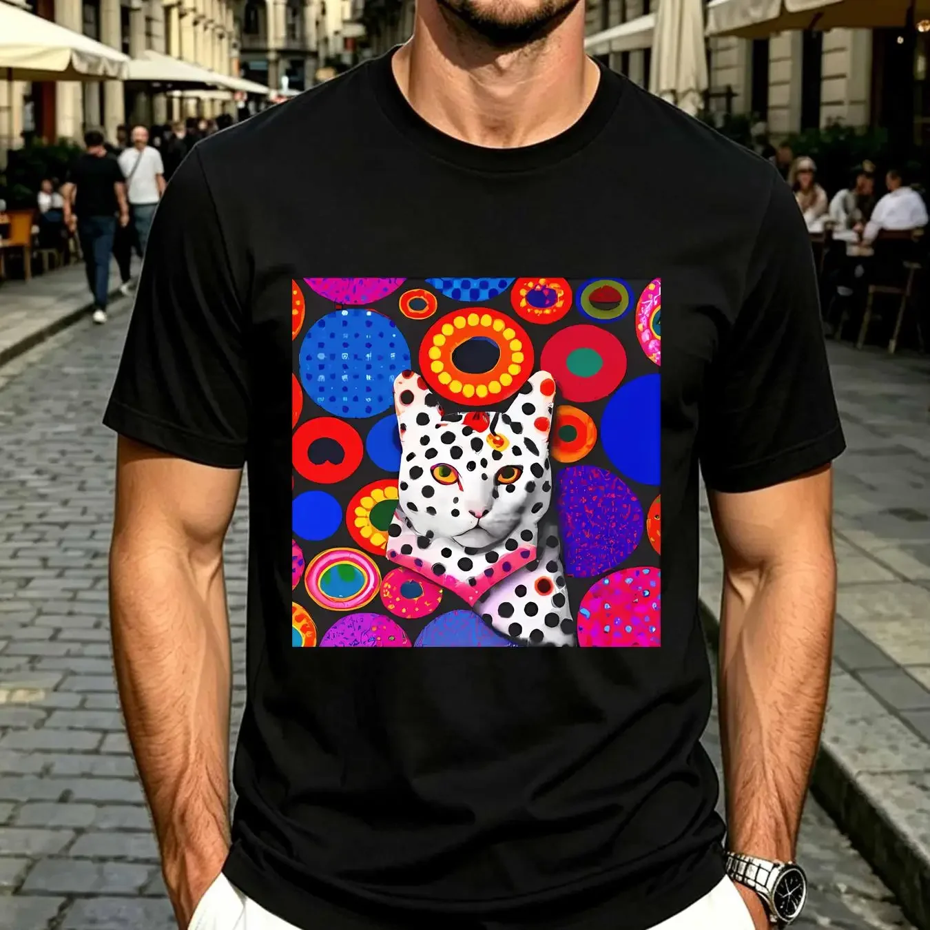 washed T Shirt Cat Abstract Cool Art Feline DreamCat Psychedelic Polka Dot Crazy long or short sleeves vintage Washed Stylish