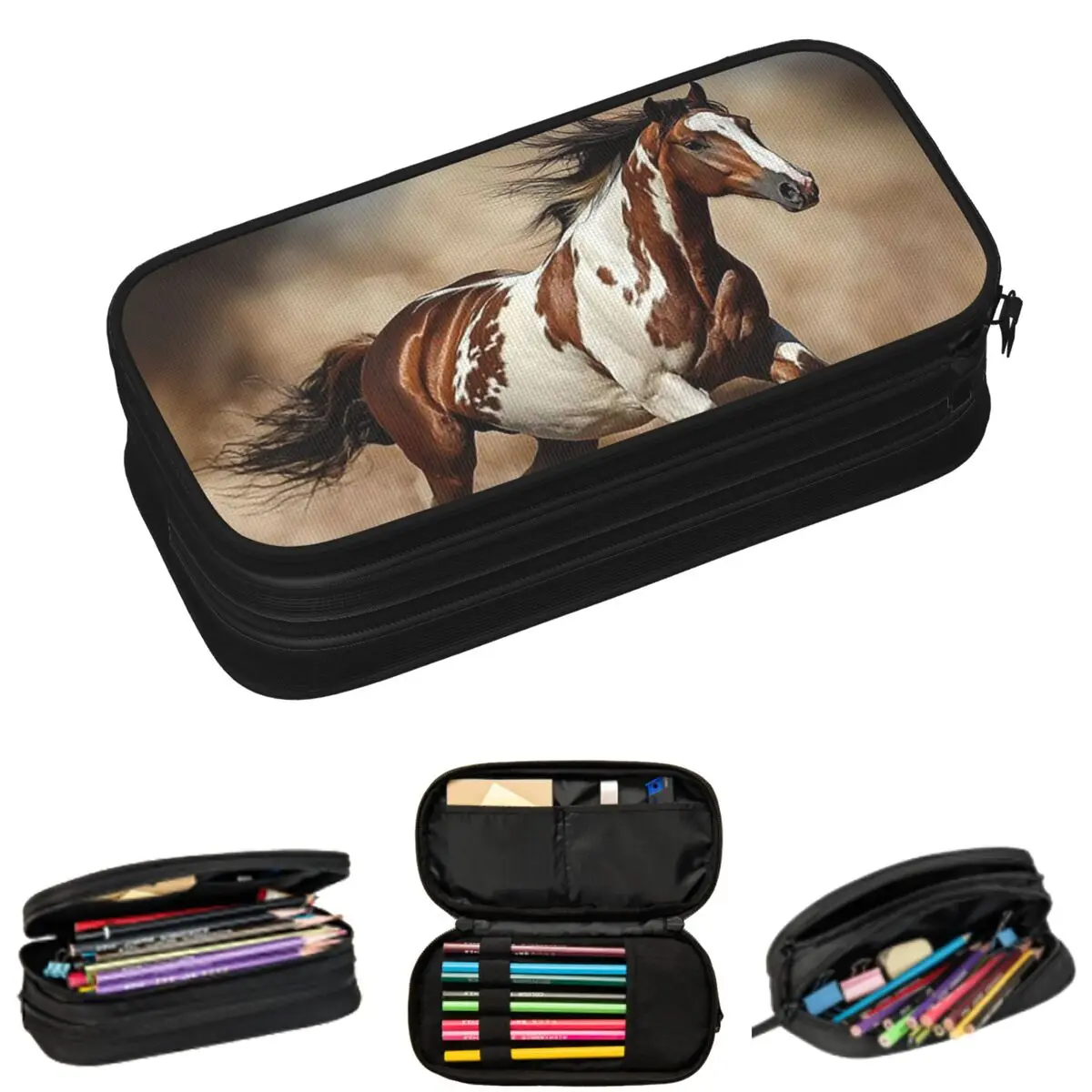 

Running Horse And Equestrian Pencil Cases for Students School Pen Box Pencil Bag Large Storage Pencil Pouch