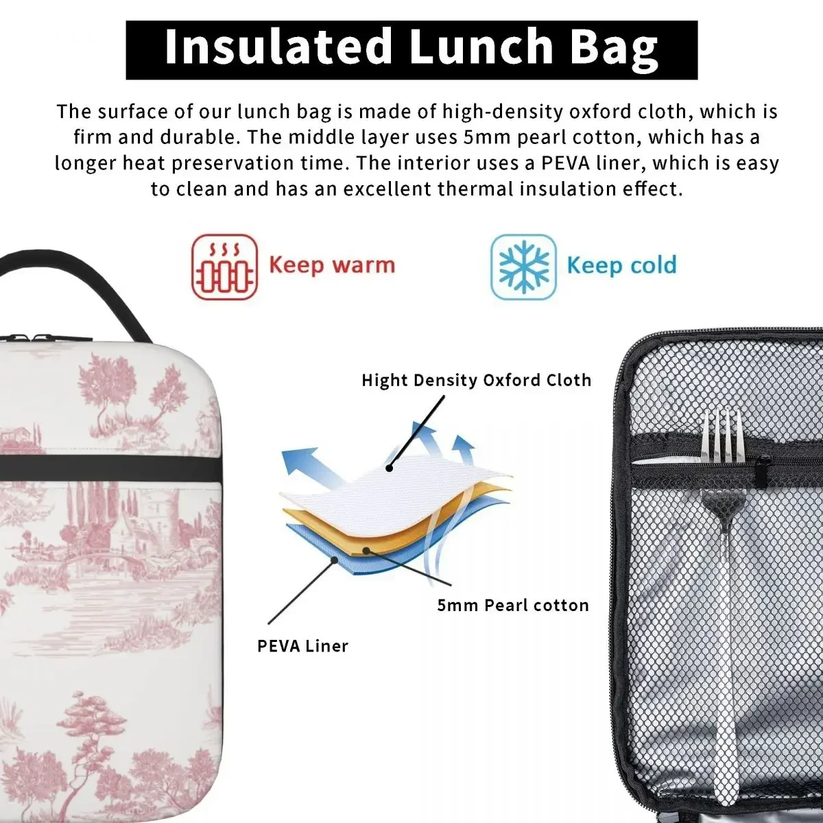 

Vintage Toile De Jouy Resuable Lunch Boxes for Women Leakproof Pink White Thermal Cooler Food Insulated Bag Office Work