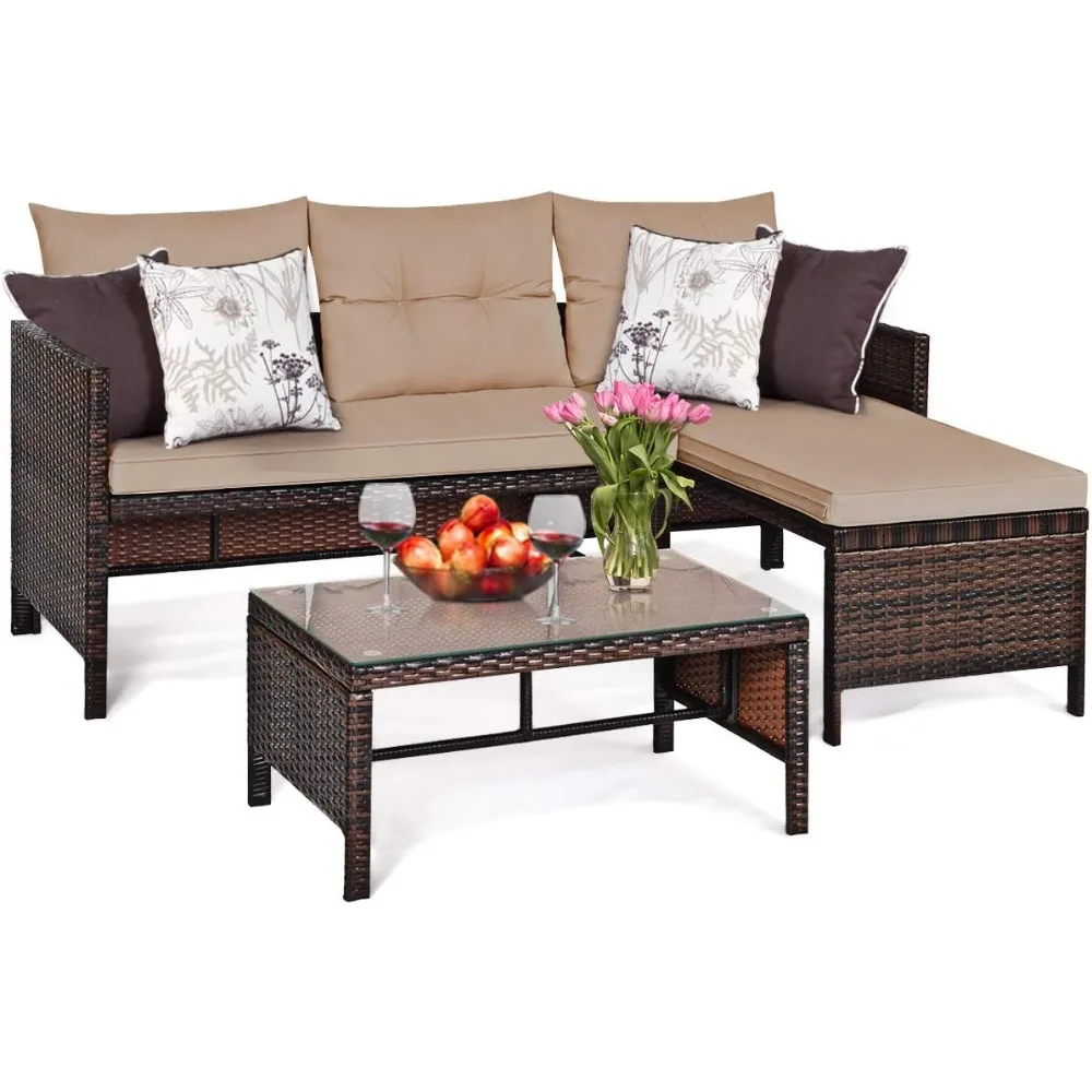 Patio Corner Sofa Set 3 Piece, Outdoor Rattan Sofa Set, Includes Lounge Chaise, Loveseat & Coffee Table, Patio Garden P