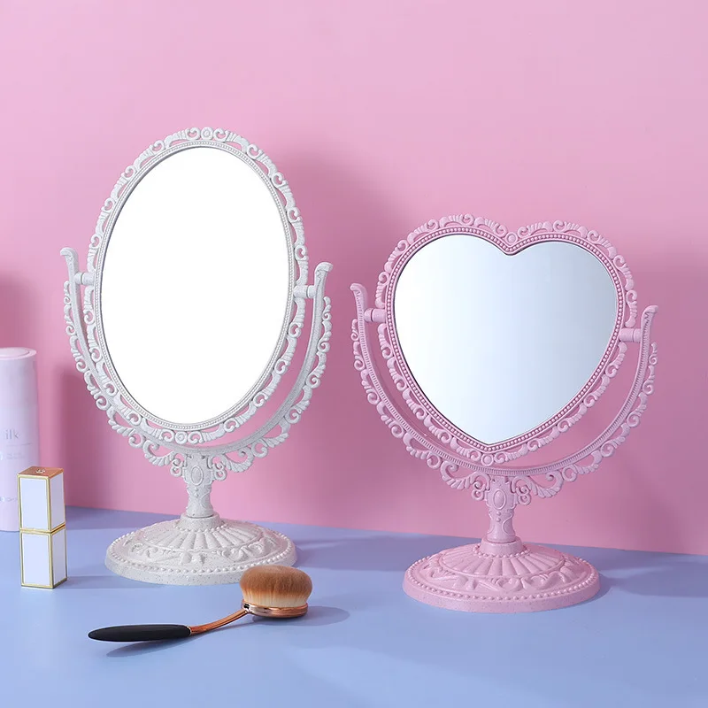 custom.Bedroom Dressing Mirror European Style Double-Sided Desktop Mirror Heart-Shaped Round Dormitory Desktop Makeup