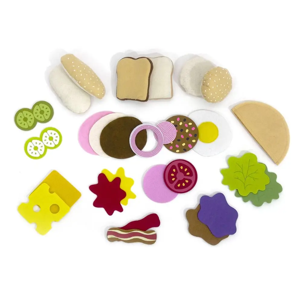 Un conjunto de Material de felpa, juego de comida de fieltro, almacenamiento portátil, juego interactivo para niños, comida creativa, sándwich de hamburguesa, juguete, juego para niños
