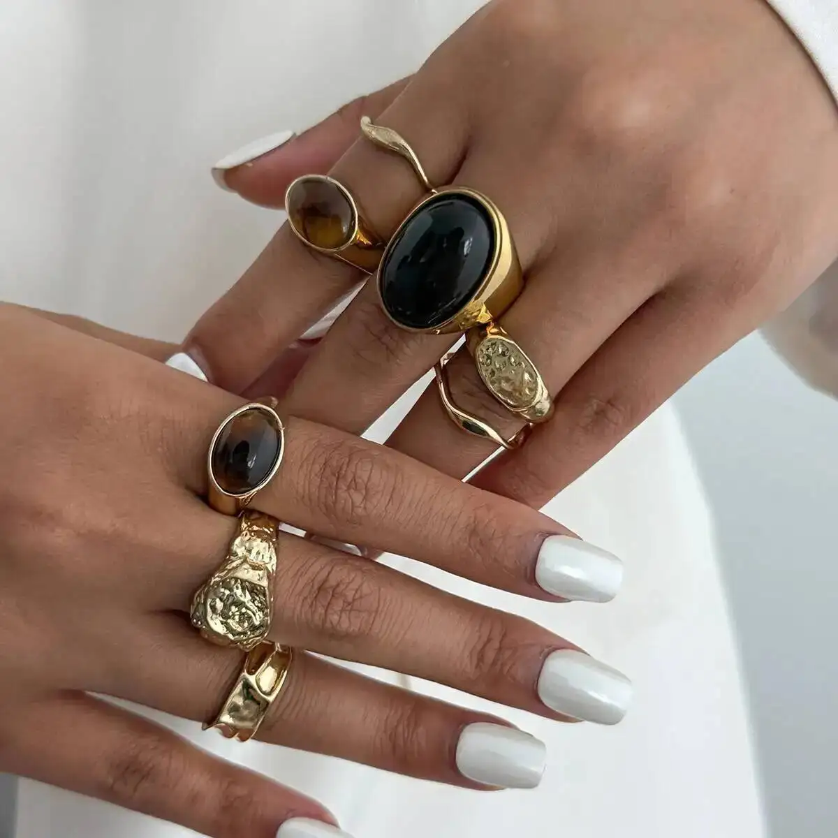 SHIXIN 8pcs/set Retro Resin Metal Open Rings for Women Bohemian Acrylic Irregular Stackable Knuckle Rings Autumn/Winter Jewelry