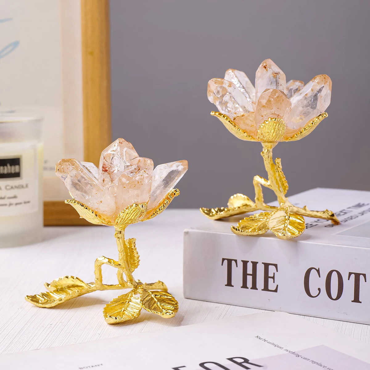 1PC Natural Crystal Healing Gemstone Single Point Flower DIY With Gold Metal Base Divination Home Desktop Decoration
