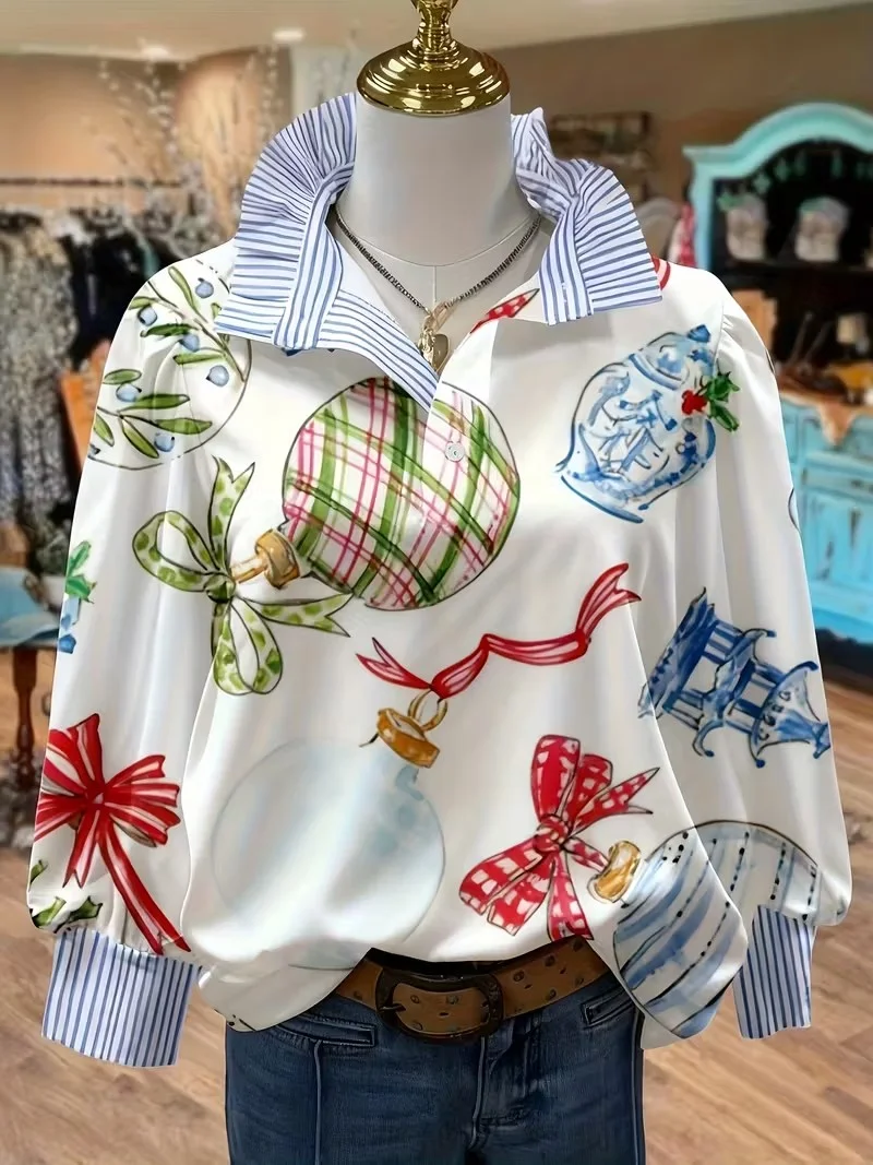 Women's striped casual fashion shirt with multi-color striped collar and half button shirt pattern,Elegant stand up collar desig