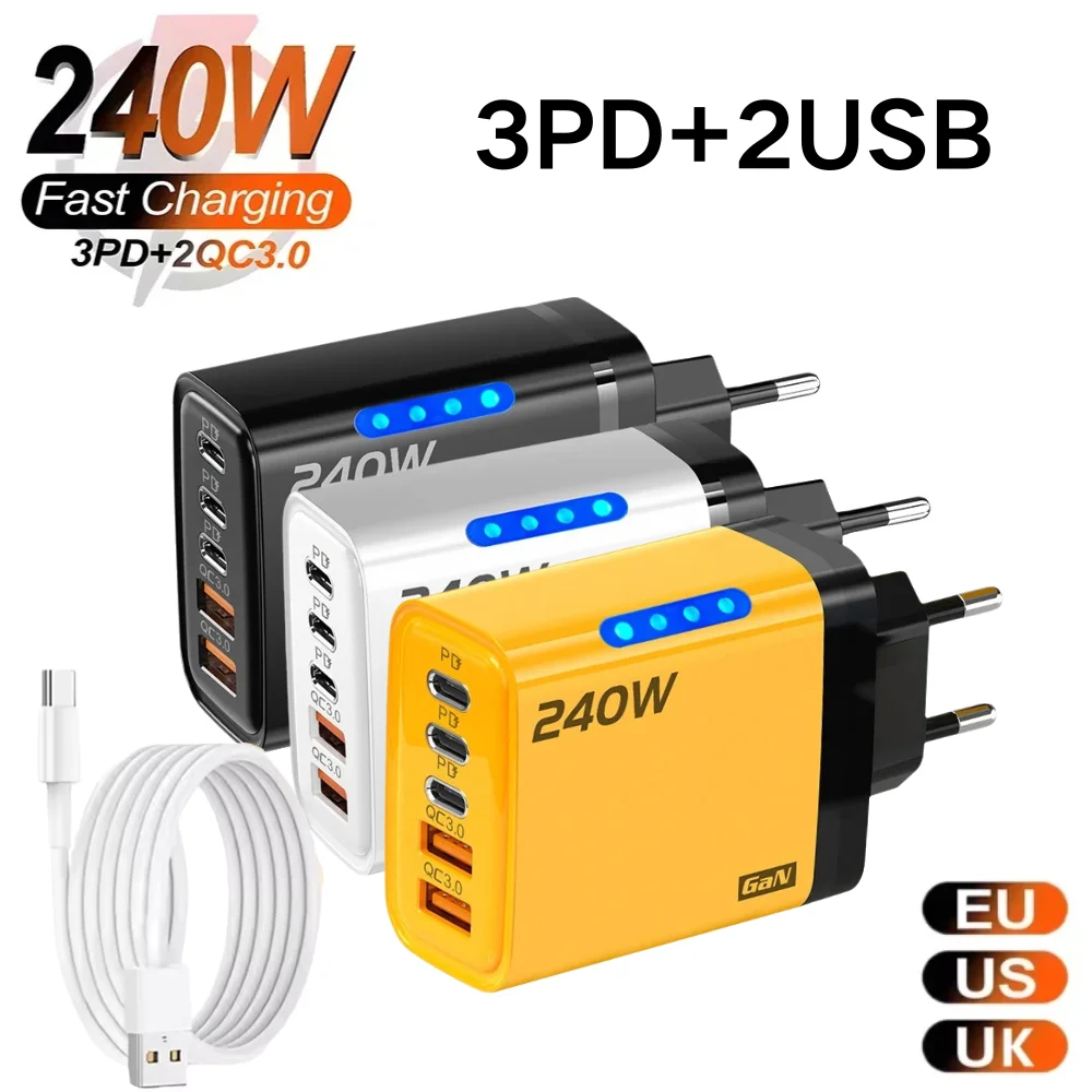 GaN 240W USB C 5 In 1 Fast Charge Charger For Huawei Xiaomi 