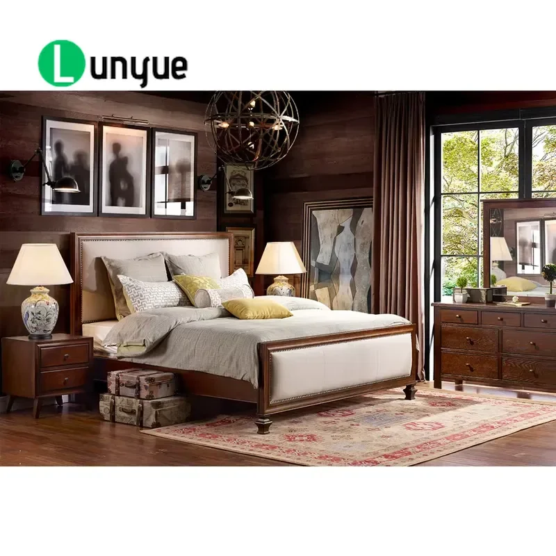 Modern King Size Solid Wood Double Bed Frame American Style Upholstered Bedroom Furniture Durable Wooden Structure for Home