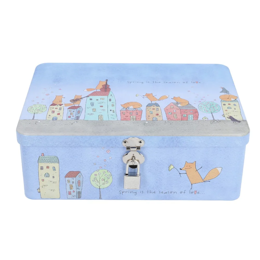 With Lock Lid Tinplate Storage Box Large Capacity Square Metal Storage Container Cartoon Compact Lockable Tin Box