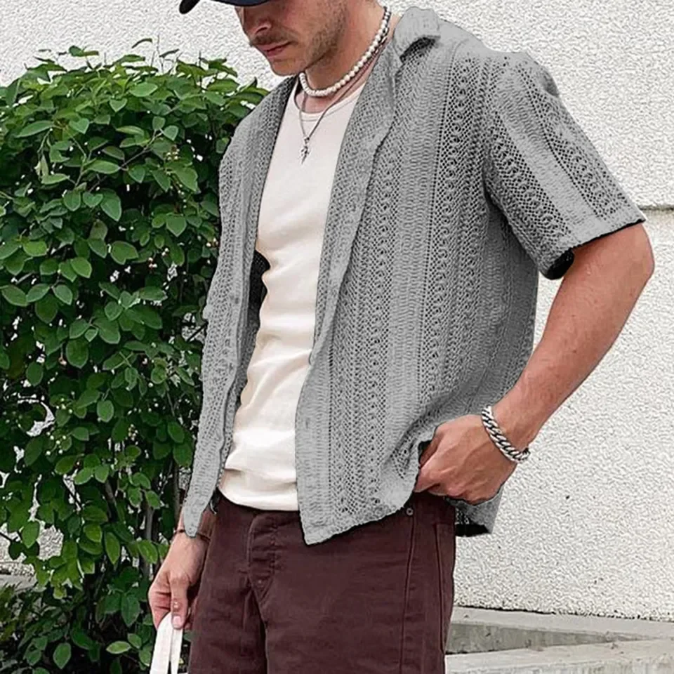 Casual Short Sleeve Shirt Men Knitted Cardigan Summer Breathable Cool Hollow Out Short Sleeved Shirt Male Korean Street Shirt