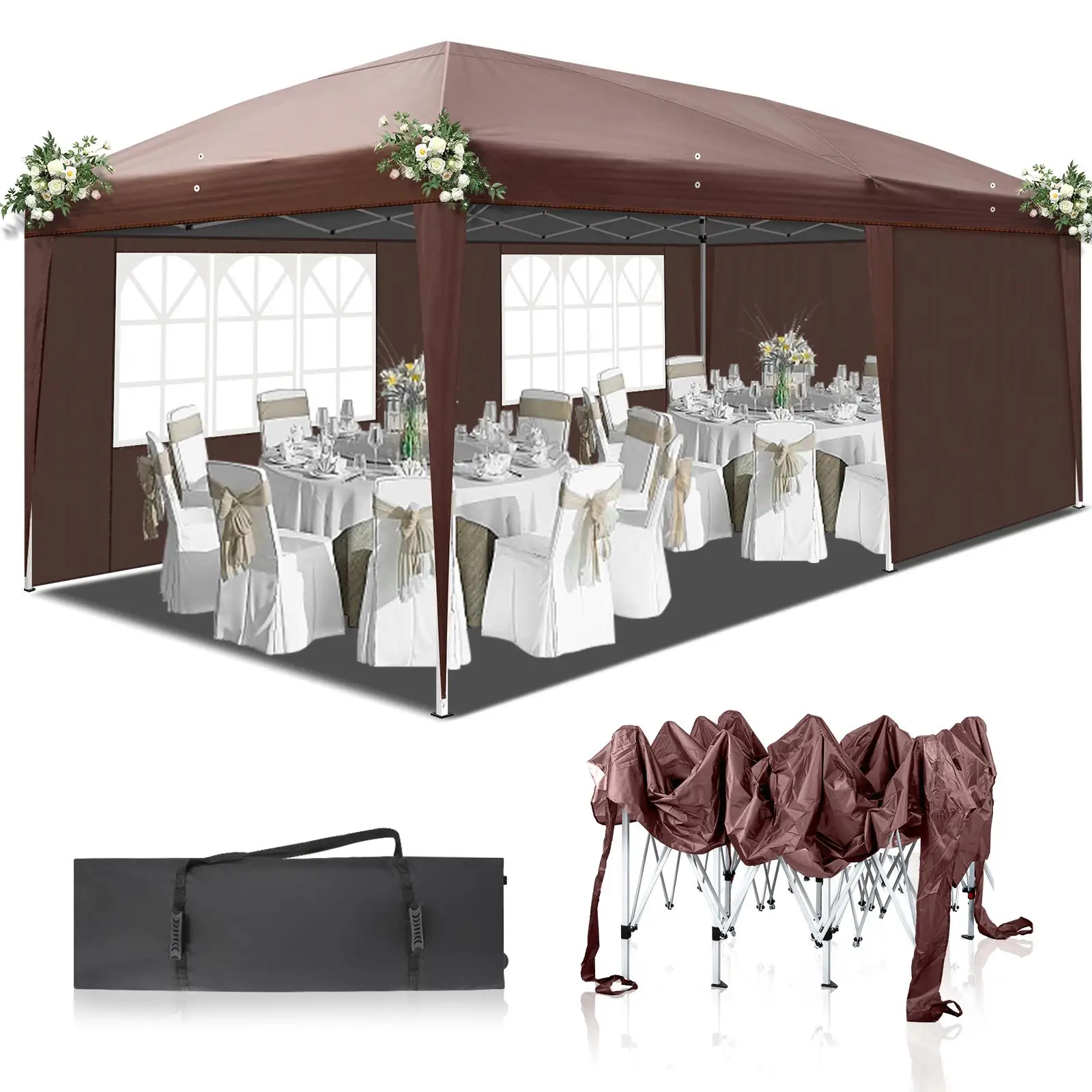 3x6m Waterproof Folding Tent with 2 Windows - Dark Coffee Color, Outdoor Portable Canopy