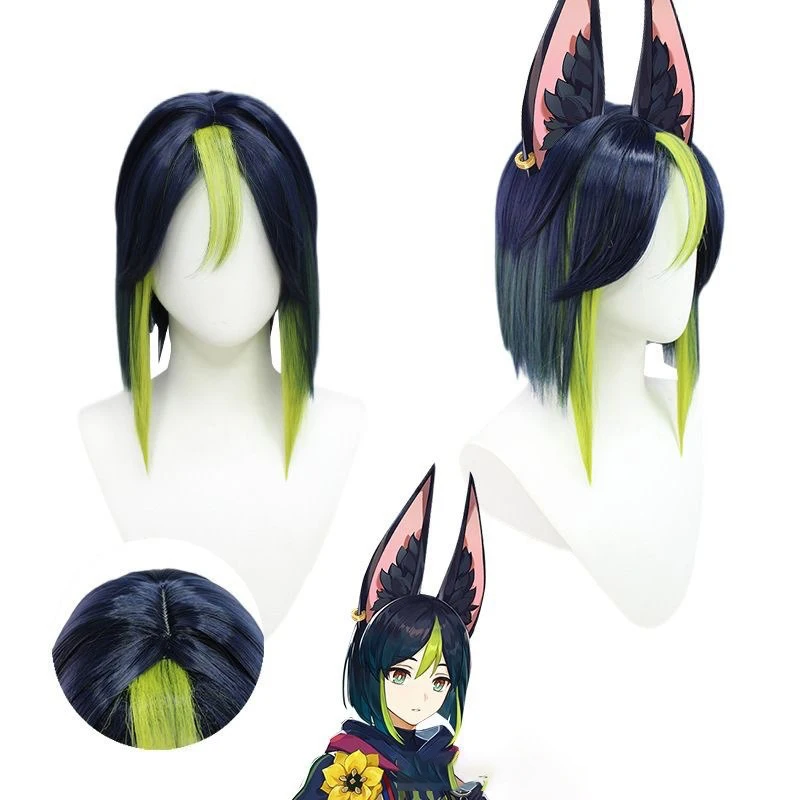Game Genshin Impact Forest Patrol Officer Role Wig Tighnari Game Character Hairpiece Bar Headwear Highlight Gradient Short Hair