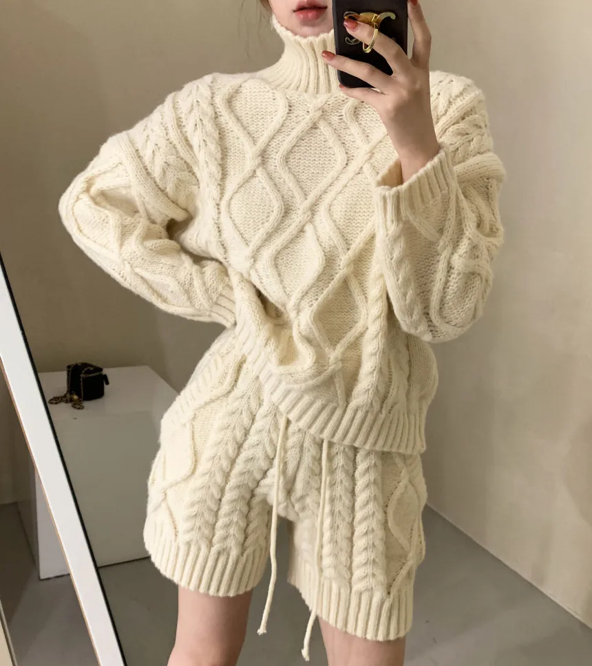 Women Turtleneck Solid Plaid Sweater+Waist Elastic Twists Knit Shorts 2023 Autumn Winter New Casual 2 Piece Set 16U3937