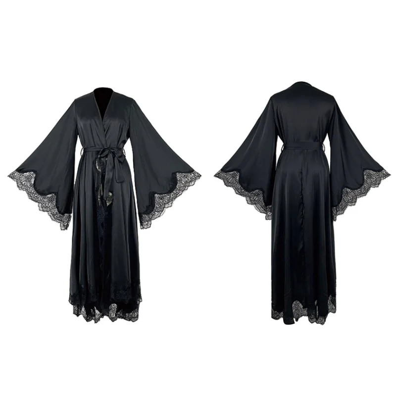 Women Sexy Bride Wedding Sleepwear Long Sleeve Satin Patch Work Lace Nightwar Soft Trailing Flare Sleeve Elegant Home Clothes