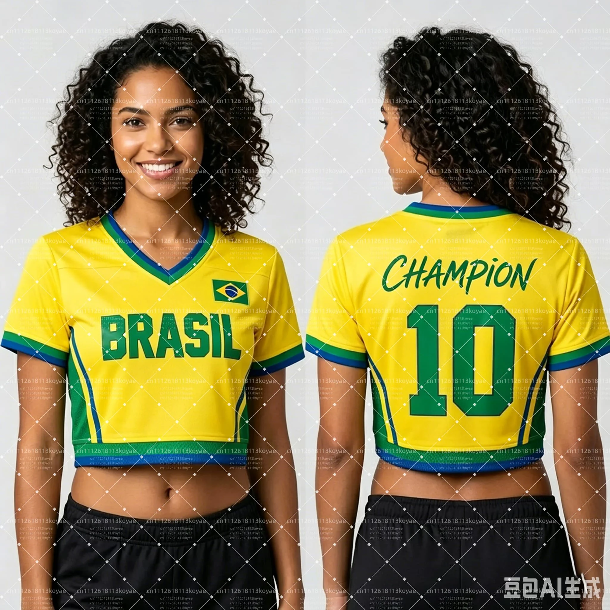 2026 Summer Women's  Brazil Inspired V-Neck Crop Top, Breathable Quick Dry Y2K Football Fan Cheerleading T-shirt
