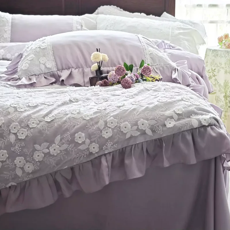 French Korean princess style three-dimensional embroidery purple 140 thread tencel bedding set sheet, duvet cover, pillowcases