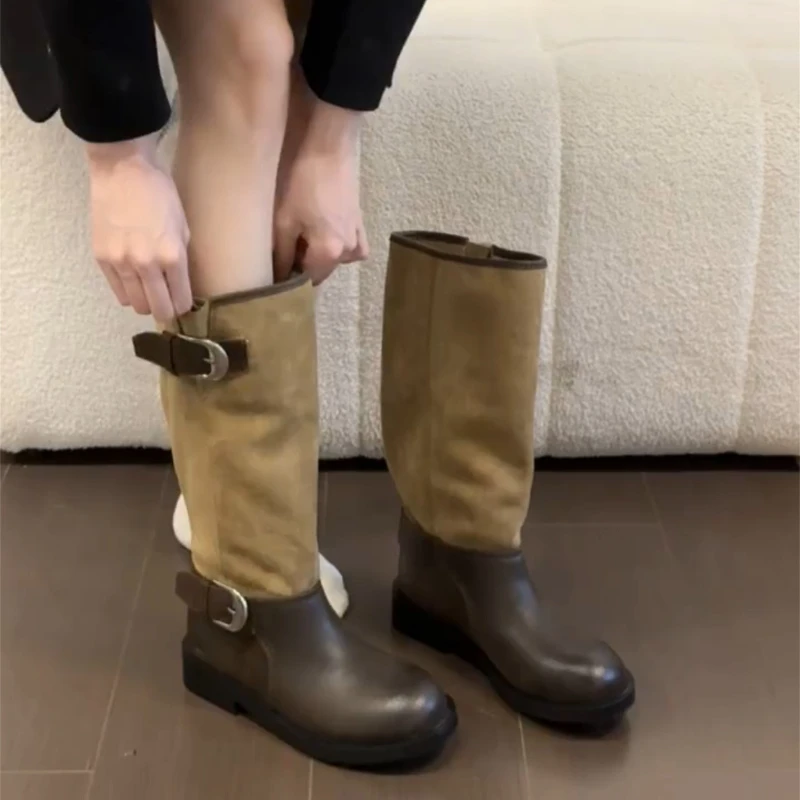 

Зимние женские рыцарские высокие сапоги с пряжкой на ремне, туфли на толстом каблуке, женские винтажные тонкие длинные ботинки без шнуровки, Zapatos De Muje