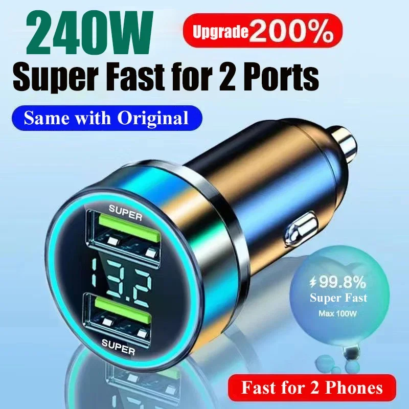 2 Port Super Fast Charging USB Car Charger for iPhone 14 Pro Max 13 12 Oneplus Huawei Samsung Xiaomi 240W Quick Charging Adapter