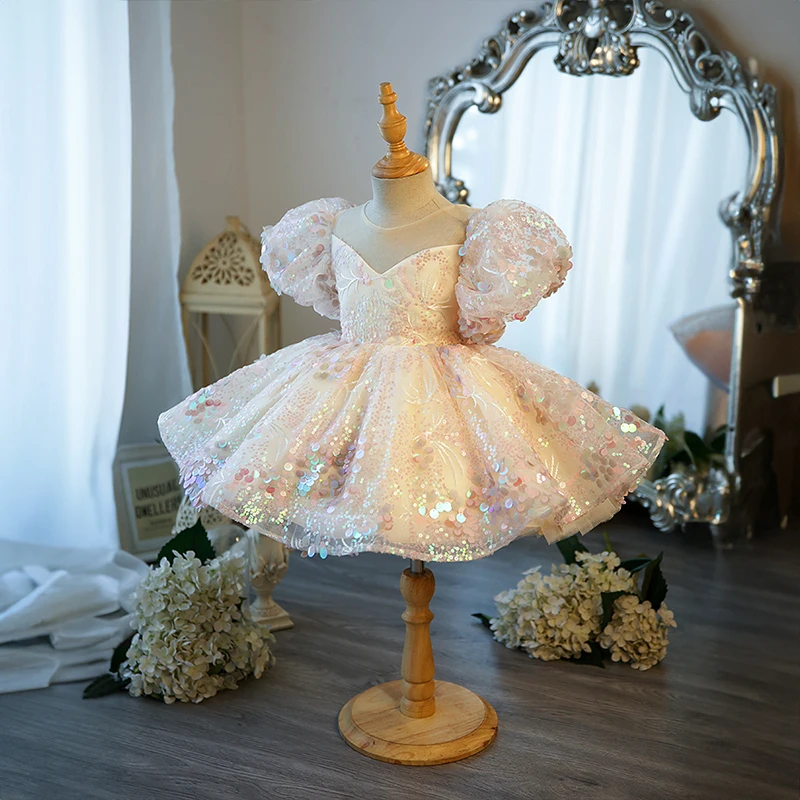 High Quality Luxury Pageant Party Champagne Dresses for Toddler Girls Short Evening Gowns Kids Princess Christmas Dress Children