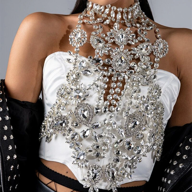 Fashion Luxurious Zircon Breast Chain Model Shooting Catwalk Sparkling Rhinestone Bra Necklace Ladies Dinner Crystal Body Chain