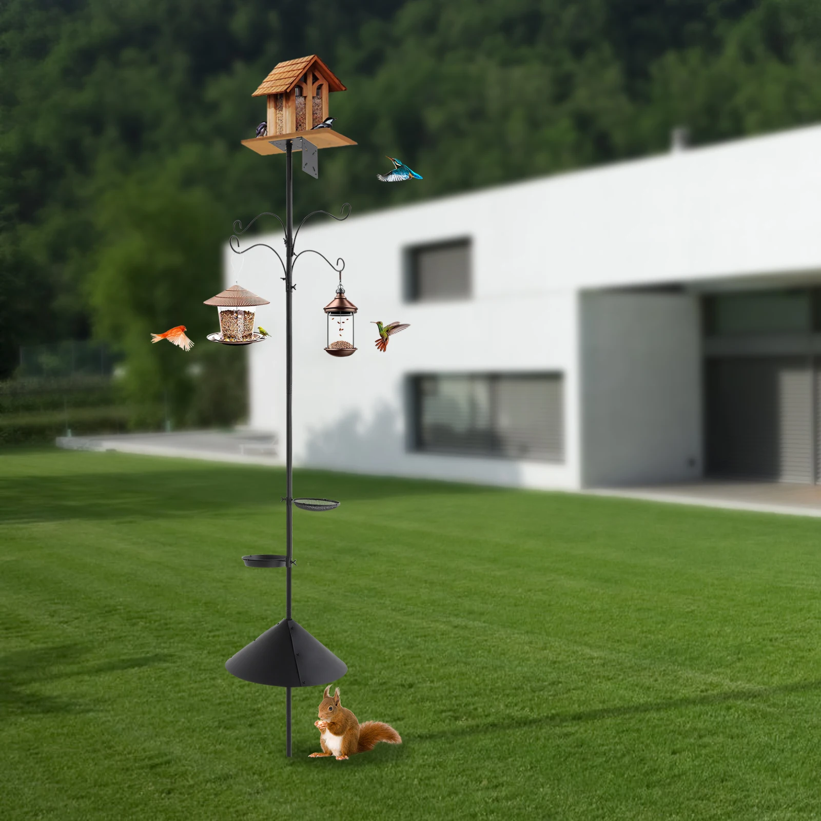 Palo per mangiatoia per uccelli Palo per casetta per uccelli con ganci Vassoi per alimenti Palo per mangiatoia per uccelli regolabile con deflettore a prova di scoiattolo
