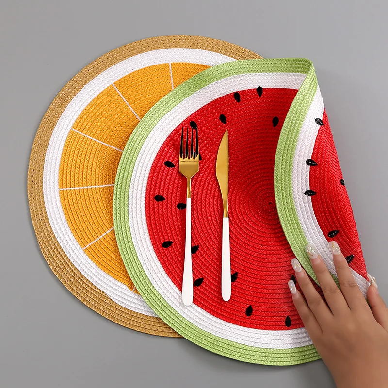 38cm 5Pcs Cute Braided PP Fruit Placemat Cartoon Round Insulated Tableware Mat for Restaurant Non-Slip Coffee Table Cup Coasters
