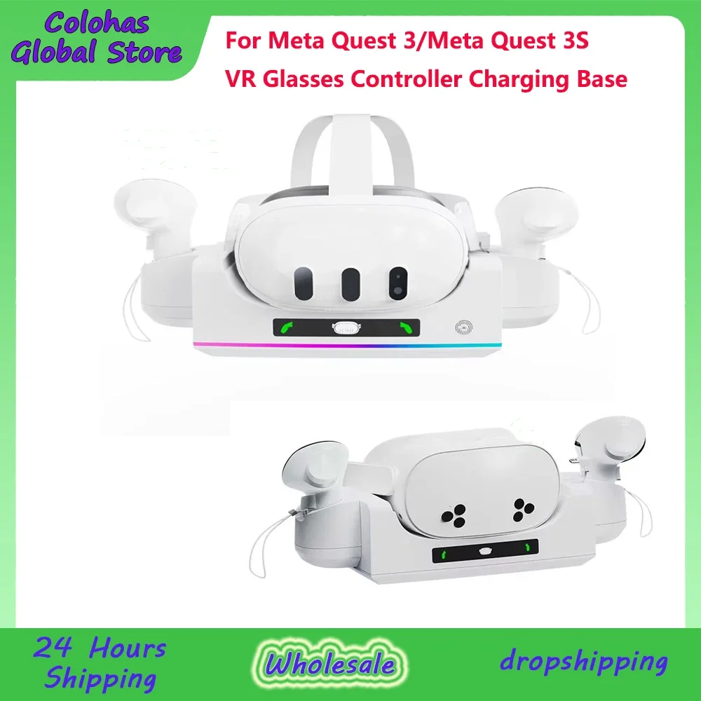 For Oculus Quest 3S/Q3 Universal Charging Dock with RGB Light Bar Wall Mountable ABS Equipped with 350 mAh lithium batteries