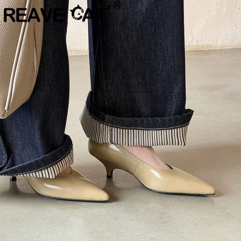 REAVE CAT Grey Genuine Leather Women Pumps Pointed Toe 5cm Small Heel Slip On Sexy Dating Shoes Handmade Footwear Large Size 40