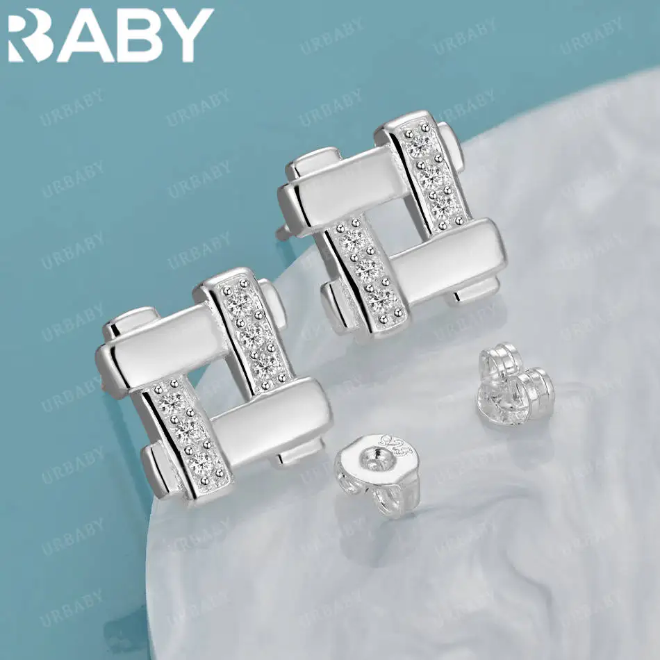 

URBABY 925 Sterling Silver Zircon Square Stud Earrings For Women Fashion Wedding Engagement Party Jewelry Charm Accessories