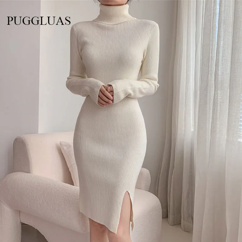 

Autumn Winter 2022 Slim Long Sleeve Party Mini Dress for Women Knitted High Collar Elegant Split Knitted Sweater Dresses Ladies