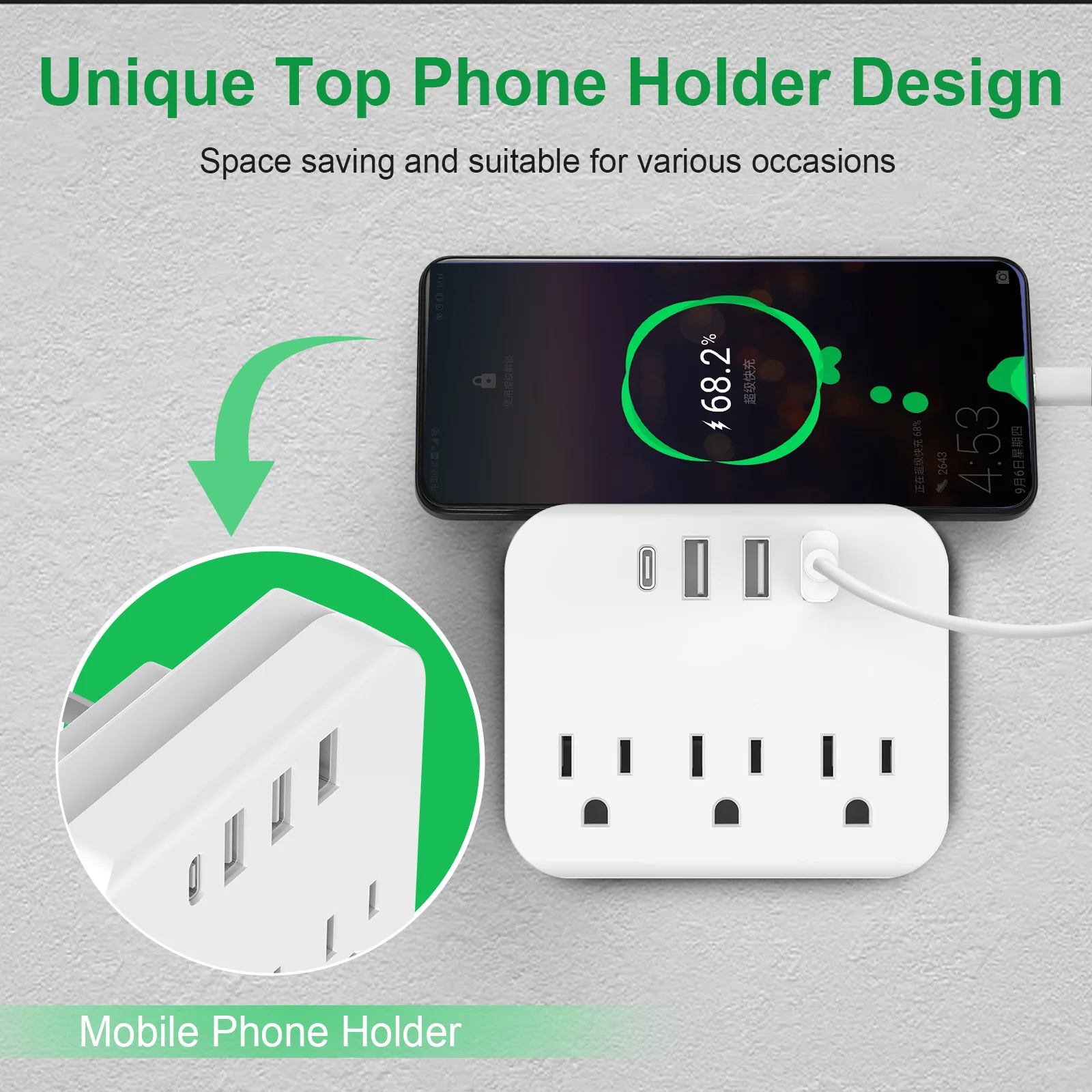 US Power Outlet 3AC 3USB 1C with Surge Protection UL Certified Top Phone Holder Suitable for Home Travel Use